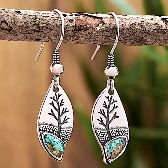 Silver Turquoise Leaf Tree Earrings Dangle - Picture 1 of 7